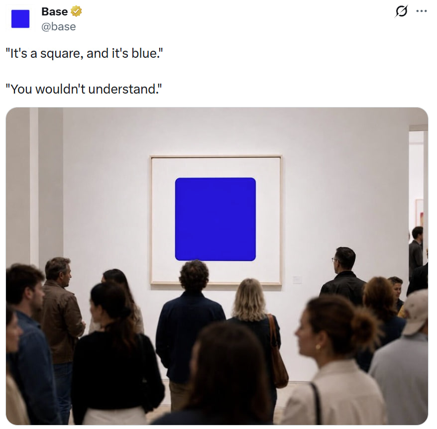 Base post featuring a blue square displayed in an art gallery